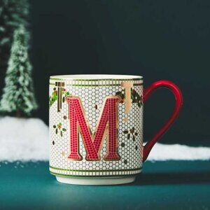 New 'M' Anthropologie The Bistro tile stonewear monogram Festive edition mug